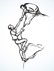 A man pulls a friend out of the abyss. Vector drawing