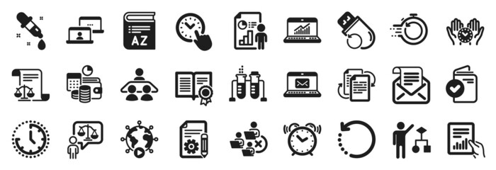 Fototapeta na wymiar Set of Education icons, such as Remove team, Documentation, Chemistry pipette icons. Document, Algorithm, Mail newsletter signs. Lawyer, Time, Interview job. Budget accounting, Bureaucracy. Vector