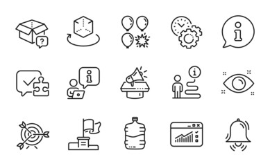 Business icons set. Included icon as Web traffic, Health eye, Augmented reality signs. Target, Clock bell, Megaphone symbols. Balloon dart, Secret package, Winner flag. Time management. Vector