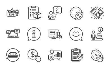 Business icons set. Included icon as Seo statistics, Puzzle time, Education idea signs. Buy currency, Survey checklist, Internet chat symbols. Payment, Online payment, Smile face. Mattress. Vector