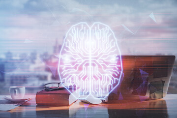 Multi exposure of brain drawings and desk with open notebook background. Concept of AI