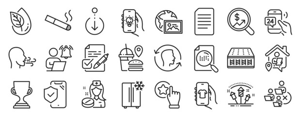 Set of Business icons, such as Face id, Phone insurance, Electric app icons. Fireworks rocket, Refrigerator, 24h service signs. Remove team, Mattress, Rate button. Fast food, Work home. Vector