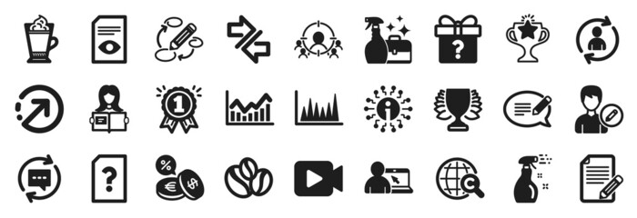 Set of simple icons, such as Article, Cleaning spray, Cleanser spray icons. Message, Person info, View document signs. Currency exchange, Keywords, Victory. Info, Direction, Winner. Reward. Vector