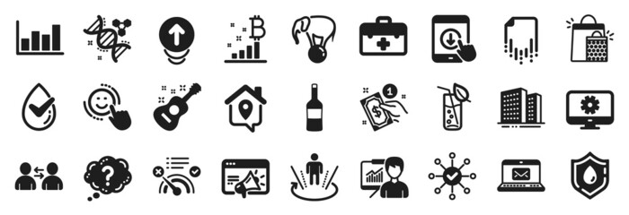 Set of Business icons, such as Report diagram, No internet, Work home icons. Seo marketing, Question mark, First aid signs. Monitor settings, Bitcoin graph, Payment method. Swipe up, Smile. Vector