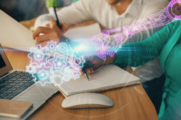 Double exposure of data theme sketch drawing over people writing background. Concept of technology
