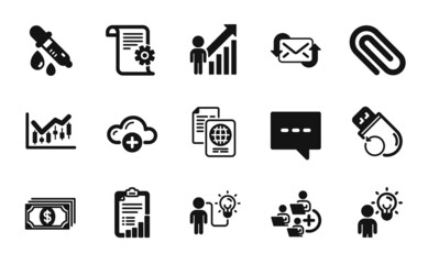 Vector set of Passport document, Paper clip and Technical documentation icons simple set. Chemistry pipette, Flash memory and Blog icons. Payment, Employee result and Cloud computing signs. Vector