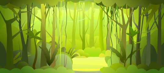 Jungle illustration. Dense wild-growing tropical plants with tall, branched trunks. Rainforest landscape. Glade. Flat design. Cartoon style. Vector