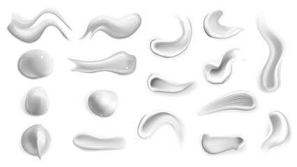 Set of realistic cosmetic cream smears. Skin toner of different body colors. Lotion smooth smear isolated vector texture on white background.