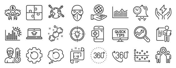 Fototapeta na wymiar Set of Science icons, such as Safe energy, Web tutorials, Analytics icons. Safe planet, Puzzle, Website education signs. Employees teamwork, Recovery data, Sharing economy. Idea, Dot plot. Vector