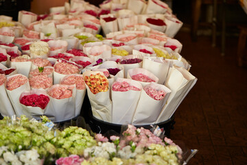 Various flowers packed in a traditional market