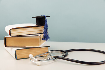 Medical education concept. Stethoscope and graduation cap on stack of books on blue background