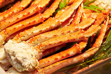 Snow crab legs on display at the market