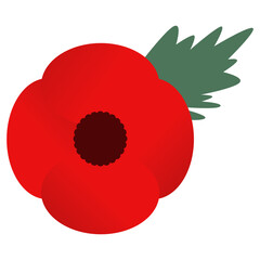 Red poppy and green leaf. Memory symbol. Design element for for Remembrance Day, Anzac Day. Vector illustration Isolated on white background