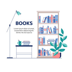 Bookcase and table with books and a cup of tea. Bookshelf vector illustration, library concept in flat style.
