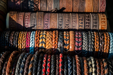 Nice handmade color leather bracelets on the exhibition of folk craftsmen