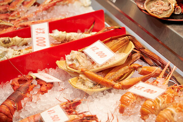 Seafood with price tag in the market 