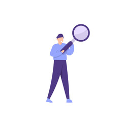 illustration of a man carrying or holding a magnifying glass. looking for something. the concept of finding new members or jobs. flat cartoon style. vector element design