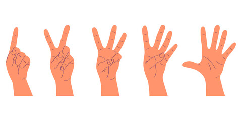 Fototapeta premium Cartoon set of counting hands. Hands show gestures one, two, three, four, five. Flat style vector illustration isolated on white background