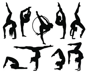 Set of vector silhouettes of girls doing acrobatic poses. Icons of woman in gymnastic pose. Yoga and acrobatic illustration.