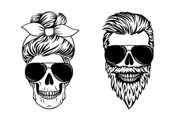 Couple of skulls. Male and female skulls in aviator glasses. Messy bun vector illustration. Print for posters, card, tshirt for Halloween or The day of the Dead. mom life, dad life Silhouette design.
