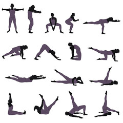 Set of silhouettes of woman practicing yoga stretching exercises. Vector shapes of girl doing yoga fitness workout. Set of yoga position icons.  