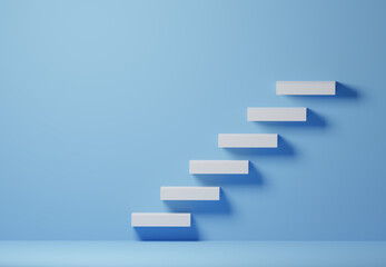 3d rendering illustration abstract staircase. White block staircase on blue background minimal...