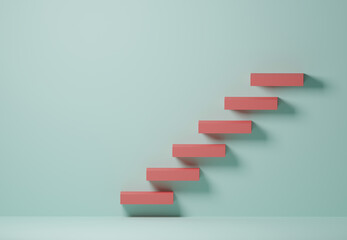 3d rendering illustration abstract staircase. Red block staircase on green background minimal style with copy space. Business growth, plan for successful goal target, quality improvement concept. - obrazy, fototapety, plakaty