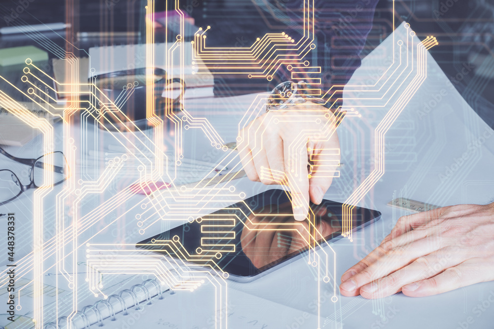 Poster double exposure of man's hands holding and using a digital device and tech theme hologram drawing. t