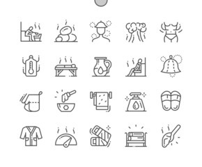 Sauna. Hot stones and steam. Sauna hat, firewood, hot honey. Treatment, vacation, spa and wellness therapy. Pixel Perfect Vector Thin Line Icons. Simple Minimal Pictogram