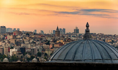 Fototapeta premium Beyoglu and Galata tower at sunset. Istanbul, Turkey