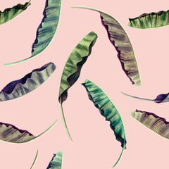 Watercolor painting colorful banana leaves seamless pattern on pink background.Watercolor hand drawn illustration tropical exotic leaf prints for wallpaper,textile Hawaii aloha jungle pattern.