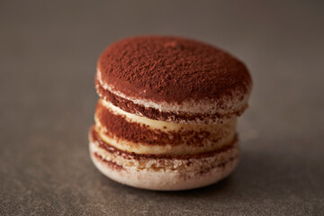Macarons sprinkled with chocolate powder on a gray background