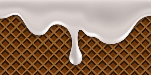 Milk creamy dripping wave on waffle texture. Melted liquid flowing milk icing with sweet chocolate wafer. Vector illustration