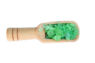bath salt in wooden spoon isolated on white background. view from above 