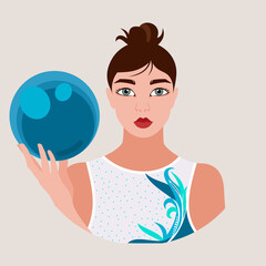 Avatar of a woman in a sports gymnastics leotard with a ball in her hand. Gymnast. Sports concept. Vector flat illustration.