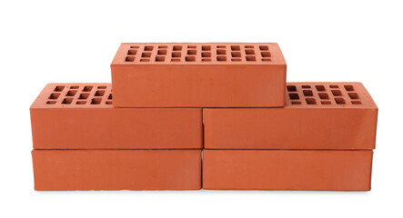 Many red bricks on white background. Building material