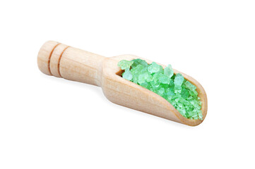bath salt in wooden spoon isolated on white background