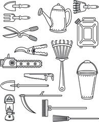 set outline various house gardening tools isolated in white background