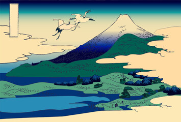 Ukiyo-e Japan nature landscape with hills, lake and storks or cranes in traditional japanese sumi-e style vector illustration.