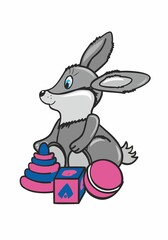 Vector illustation with a cute bunny. Vector illustration with a bunny. Design element for kindergarten, school, learning. Children's poster with a rabbit.