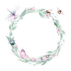 Watercolor fly dragonfly spring wings illustration summer insect collection of bees and wreath dragonflies