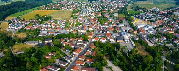 Aerial view of the old town of the city Taufkirchen in Germany, Bavaria on a sunny spring day.