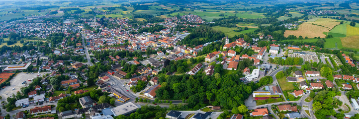 Fototapeta na wymiar Aerial view of the old town of the city Dorfen in Germany, Bavaria on a sunny spring day mrning.