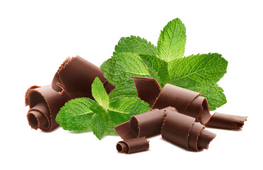 Milk chocolate curls and mint leaves isolated on white background © yggdrasil