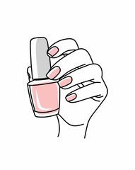 Vector linear drawing of a hand and nail polish on a white background. Hand holds pink nail polish. Template for beauty salons, cards, posters, logo and other uses. Illustration for a beauty salon.