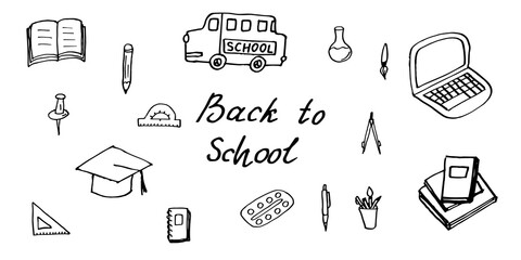 hand drawing design elements on the theme of school and schoolchildren, doodle, outline