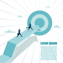 Businessman running on the arrow go to through the target