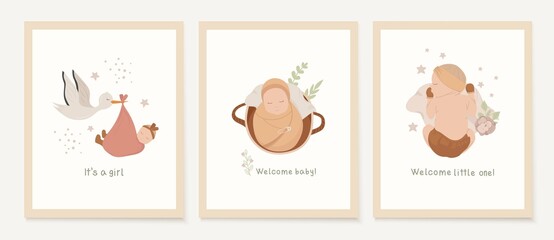 Set of Baby posters cards. Prints with cute sleeping newborn child. Bohemian collection of nursery postcard. Baby shower invitation.