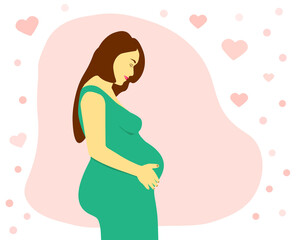 Beautiful pregnant woman with long hair holding her belly. Pregnancy and motherhood banner with hearts. Minimalistic design, flat cartoon vector illustration.