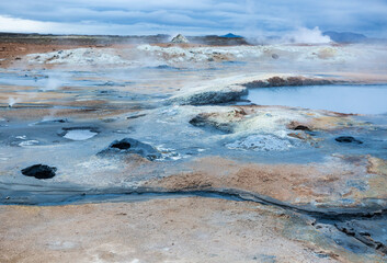 geothermal field with blue pods in Iceland